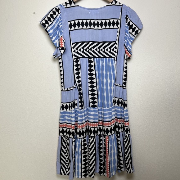THML Women Mini Dress‎ XS Blue Southwestern Western Aztec Tiered V-Neck Summer - Picture 7 of 12